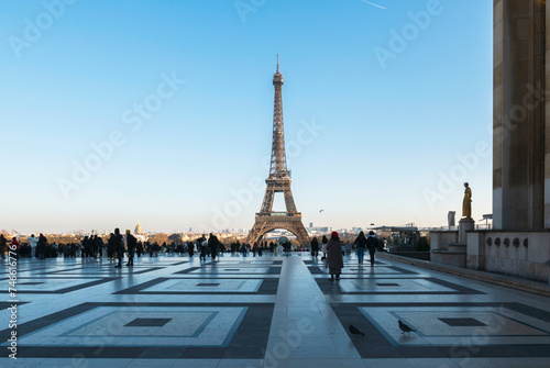 eiffel tower in Paris France with Trocadero place in front at sunset