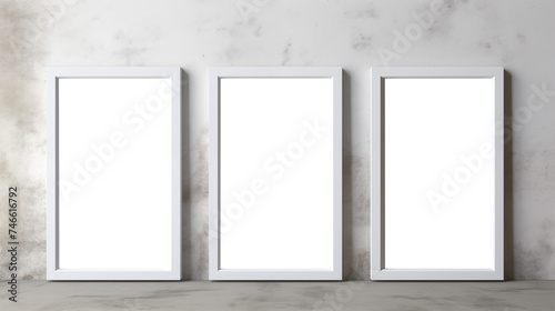set of 3 clean white blank transparent photoframe on concrete background