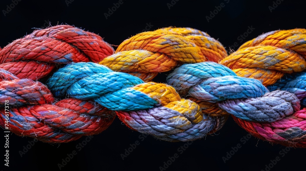 Diversity and strength concept rainbow colors ropes, closeup view
