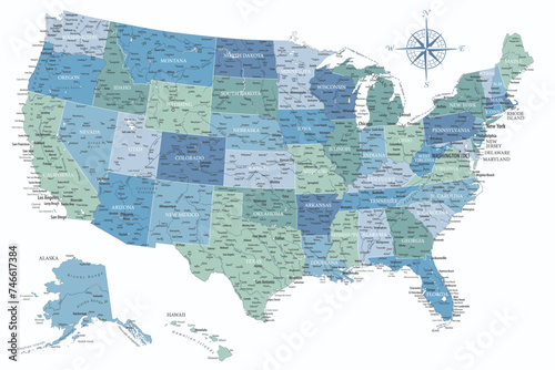 United States - Highly Detailed Vector Map of the USA. Ideally for the Print Posters. Blue Green White Colors photo