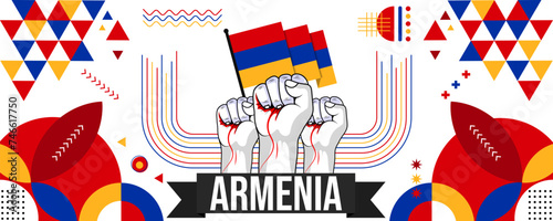 Armenia national or independence day banner for country celebration. Flag of Armenia with raised fists. Modern retro design with typorgaphy abstract geometric icons. Vector illustration. photo