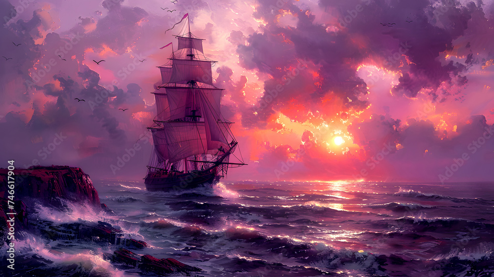 A painting of a ship sailing in the ocean at sunset. Ai generated.