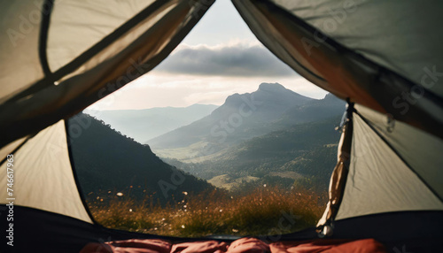 Point of view from a tent on hills and mountains, nature landscape, POV from tourist camping tent