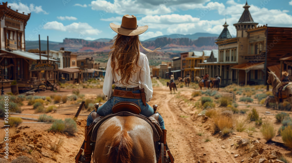 wild west town, Woman dressed as a cowboy on a horse - obrazy, fototapety, plakaty 