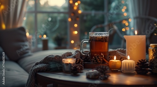 hot tea in thermo glass with christmas decor and burning candles at home