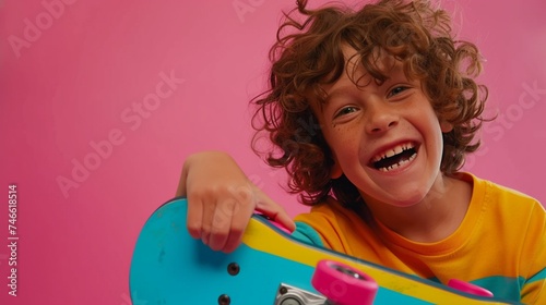 Happy curly boy laughing and holding bright colored skateboard over vibrant pink background isolated