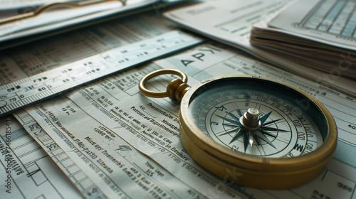 Close-up of Compass and Ruler on Financial Documents