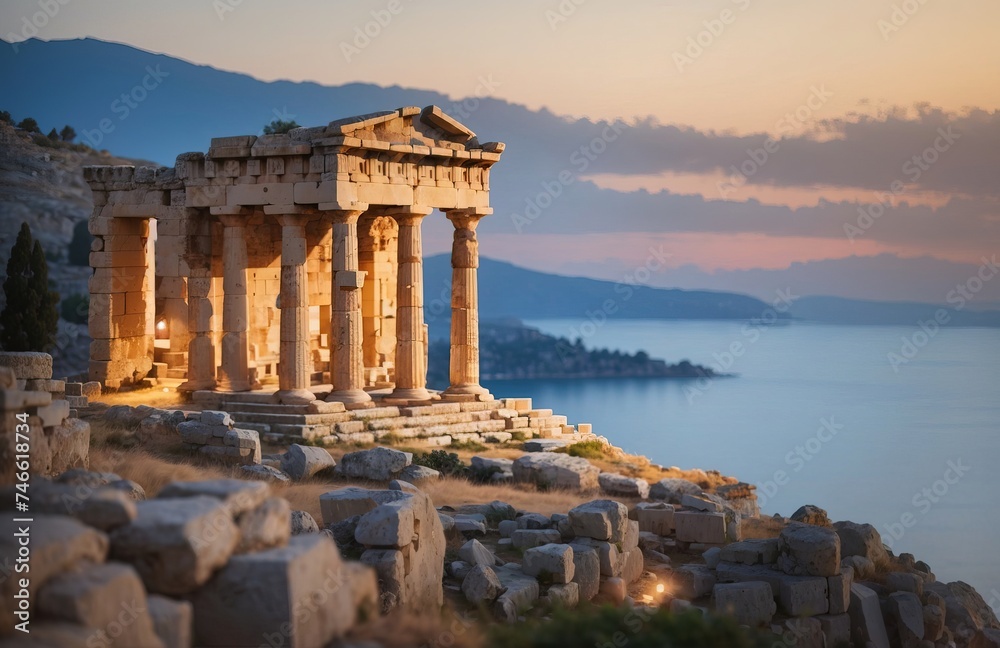 Landscape view of an ancient Greek rock temple