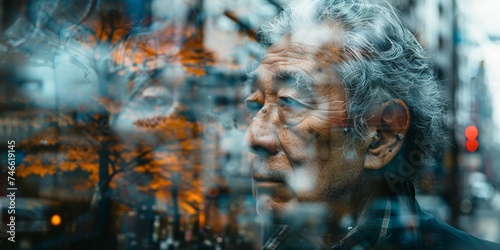 A senior Asian American man, with his distinguished features, cherishes a tranquil coffee moment within a double exposure image.