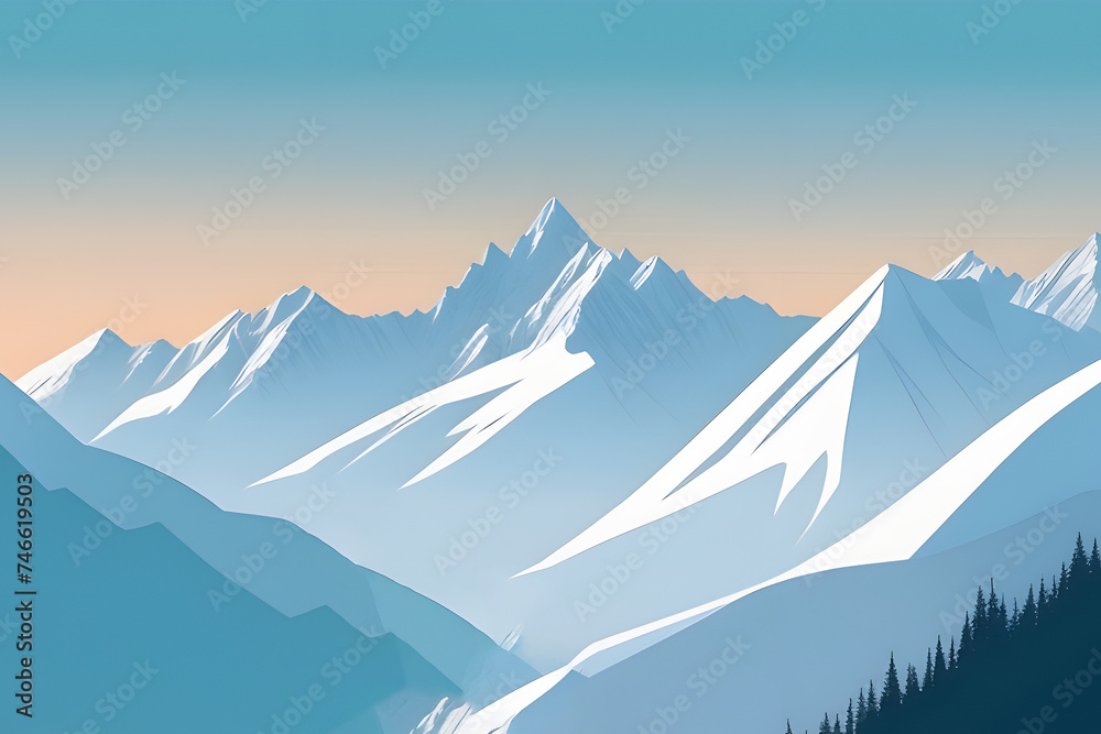 Illustration of a winter landscape with snow-capped mountains and blue sky. Playground AI platform