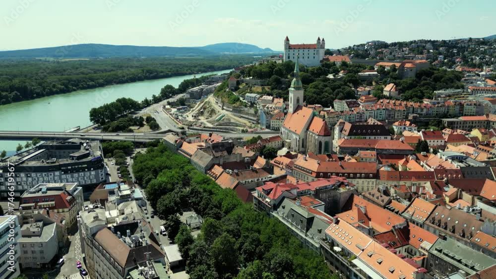 Drone flying at Bratislava Castle or Bratislavsky Hrad. Bratislava Castle is the main castle of Bratislava, capital of Slovakia. Aerial view of city skyline from drone