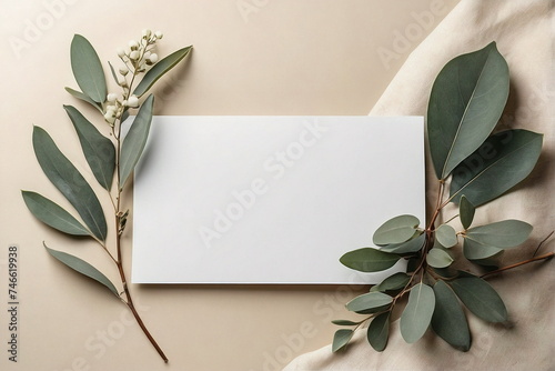 Empty white blank and eucalyptus leaves frame top view on beige background with copy space. Floral frame presentation template. Greeting Card mock up. 