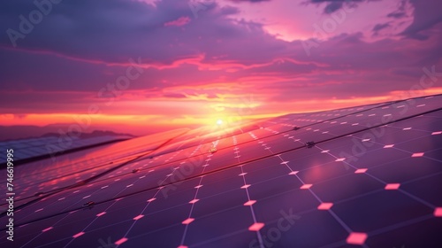 Vast solar panel array capturing the last rays of the sun at dusk, symbolizing renewable energy and sustainability.
