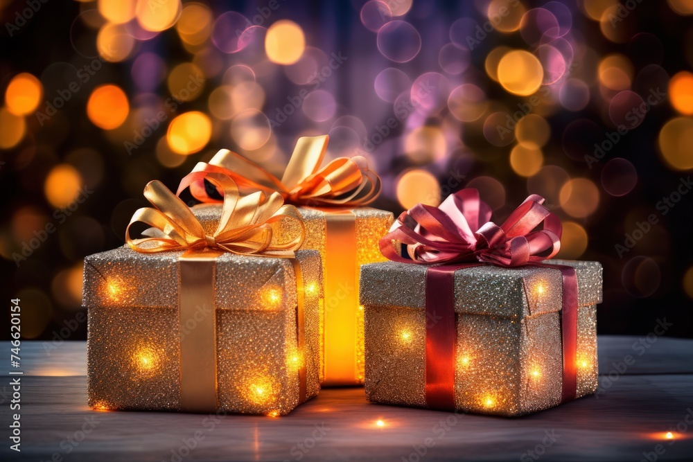 Compose a captivating image of a delectable gift boxs set against a festive Christmas bokeh background Compose a captivating image of a delectable gift boxs set against a festive Christmas bokeh background