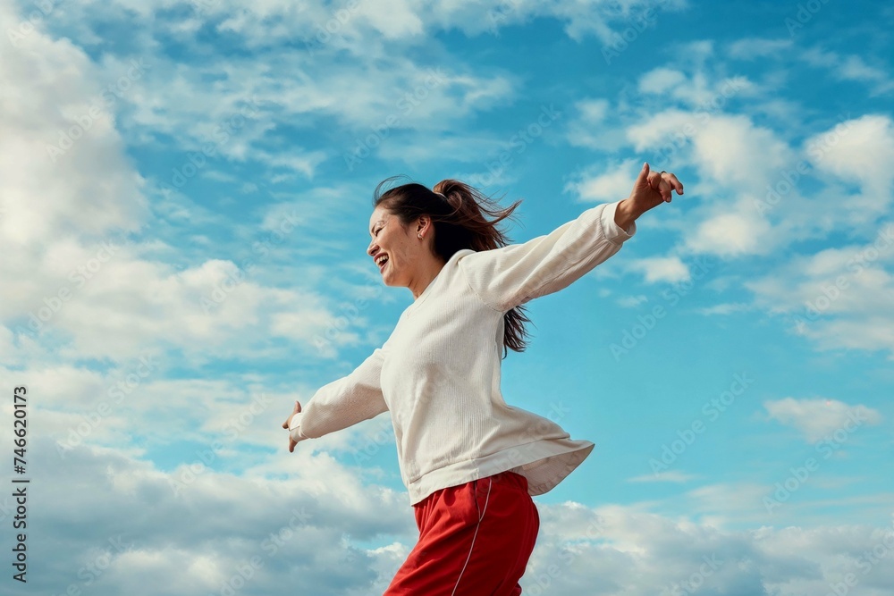 Joyful woman with arms outstretched under blue sky
Joyful woman with arms outstretched under blue sky