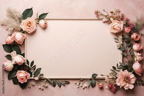 Frame mockup , pink beige flowers top view on light pink background with copy space. Floral frame presentation template. Card mock up. Neutral colors.