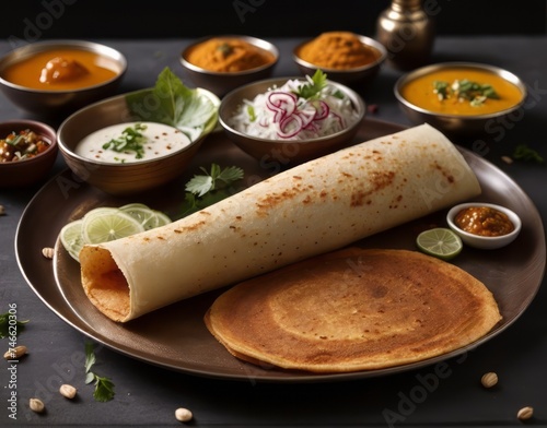 Paper Masala Dosa: South Indian delight served with sambhar and coconut chutney on a fresh banana leaf. 