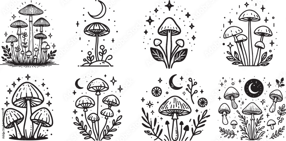 magic hallucinogenic mushrooms drawn with thin line laser cutting engraving