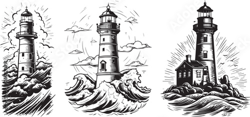 lighthouses, engraving sketch decorative laser cutting vector