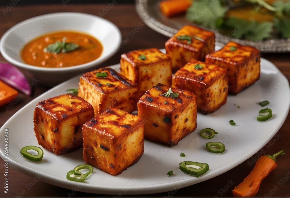 Paneer Tikka Kabab - is an Indian dish made from chunks of cottage cheese marinated in spices & grilled in a tandoor. Served in a plate with salad & green mint chutney. Selective focus