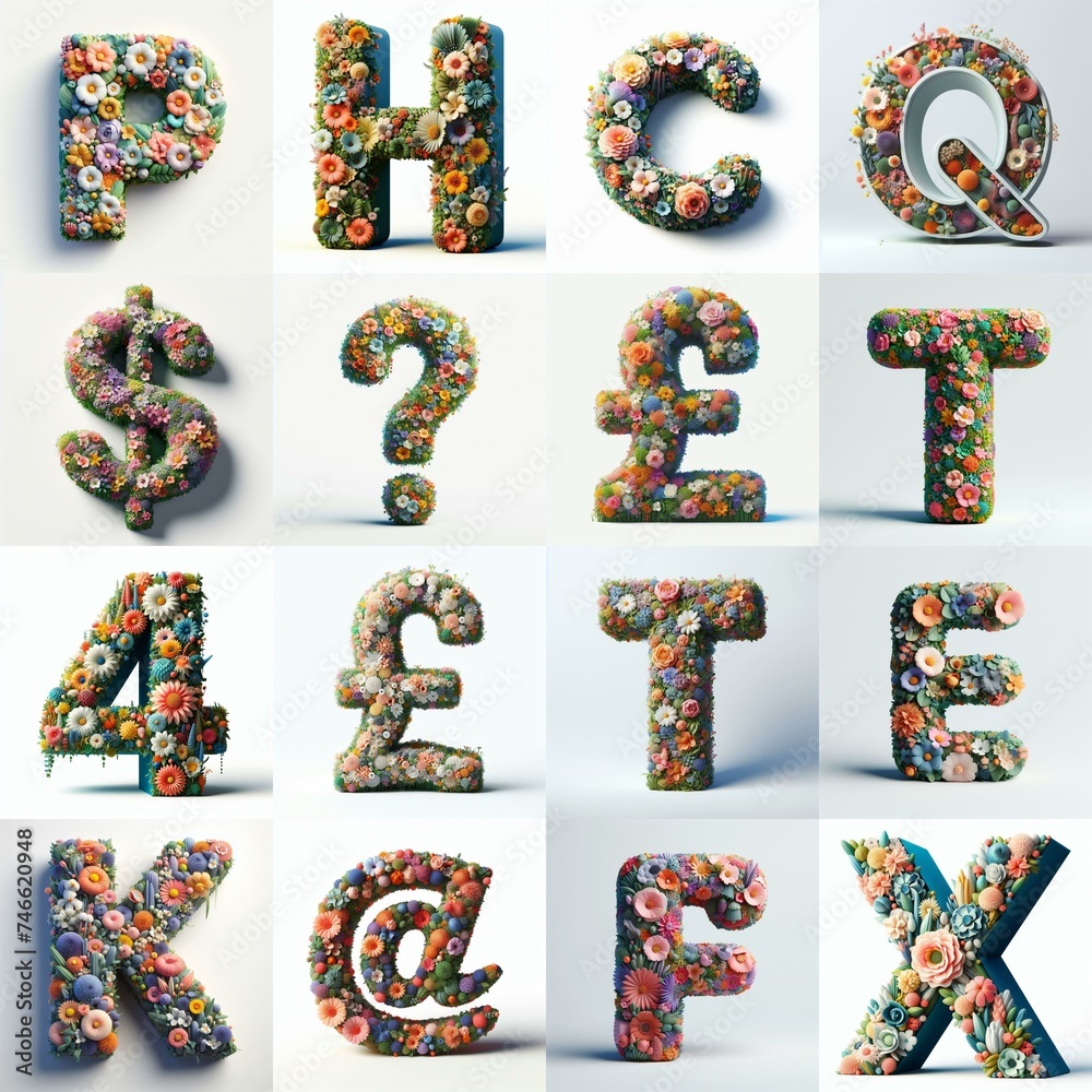 Naklejka premium Flowers 3D lettering typefavce. AI generated illustration