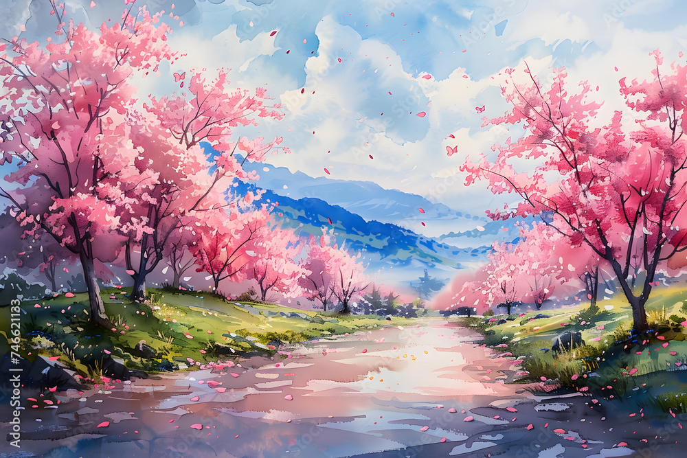 Spring Landscape Illustration. Modern Watercolor