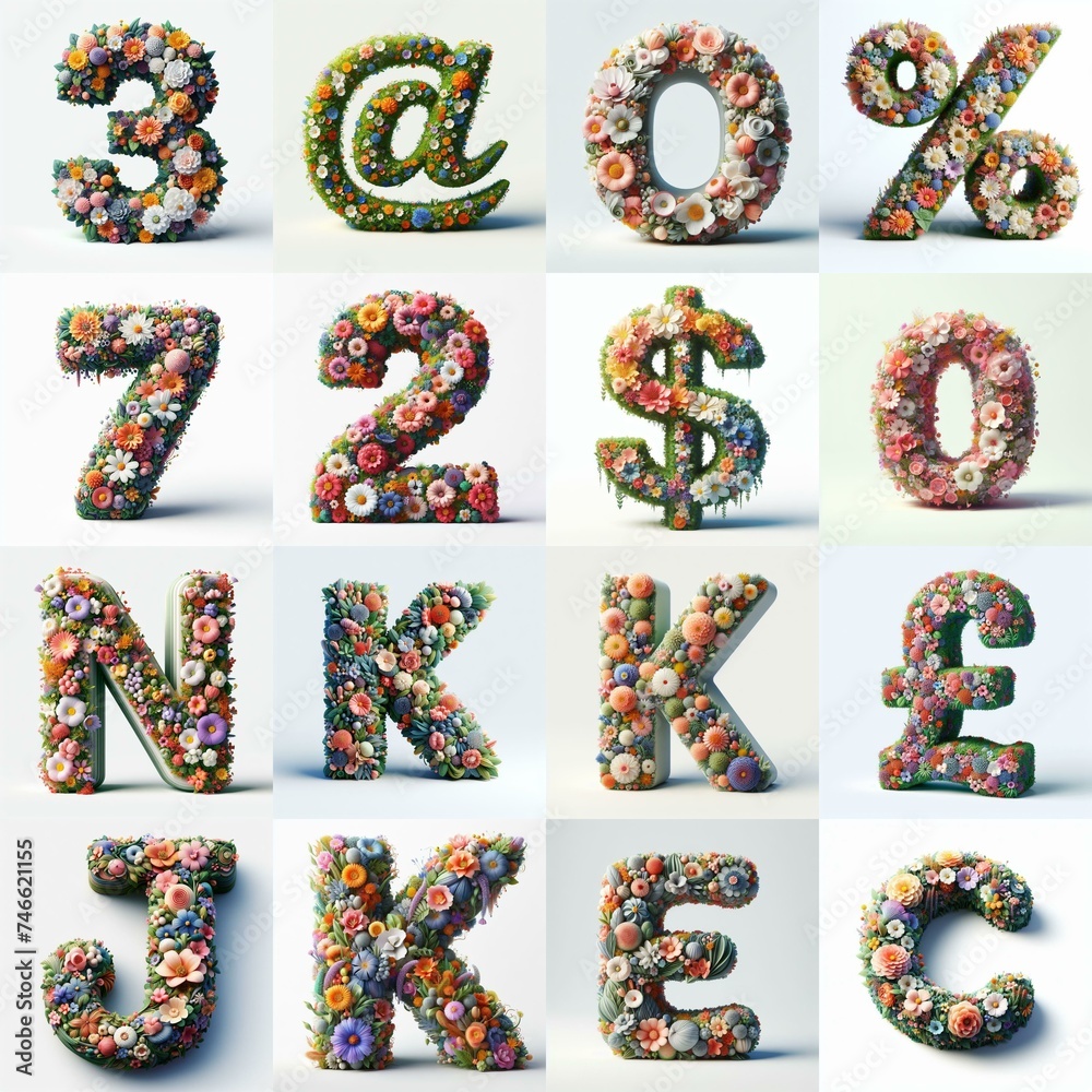Naklejka premium Flowers 3D lettering typefavce. AI generated illustration