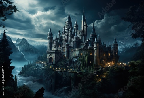 a castle towering over green trees and hills, in the style of mysterious backdrops, photography, dark sky-blue and silver, actionism photo