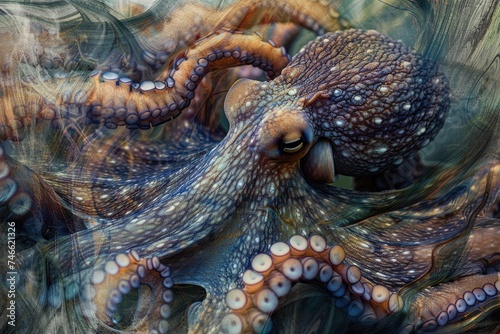 A close-up of an octopus overlaid with the swirling patterns of ocean currents in a double exposure