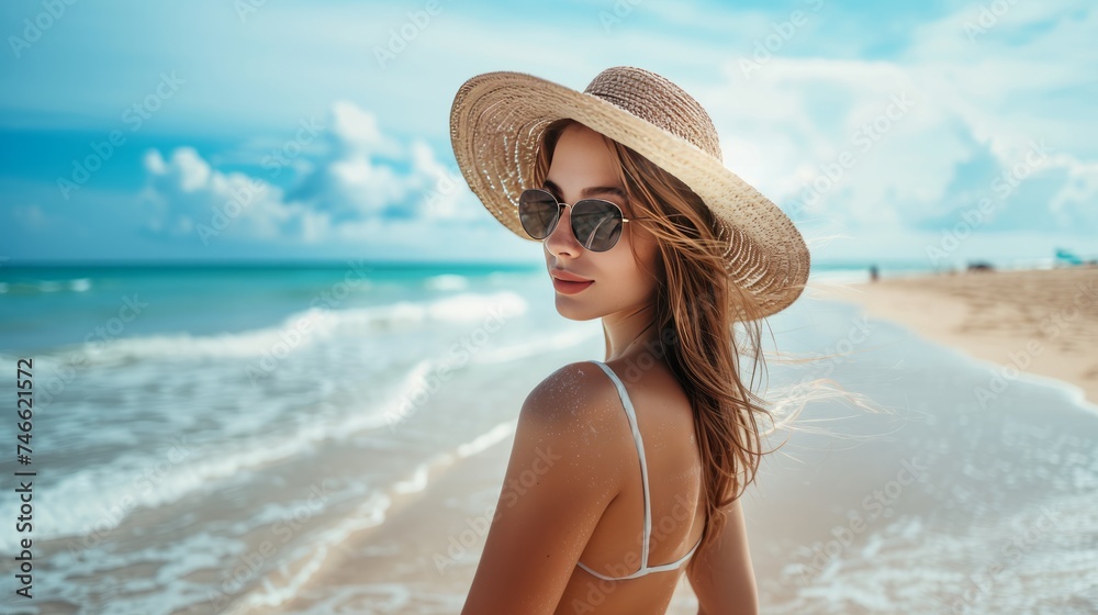Beautiful Woman with Straw Hat and Sunglasses on the Beach, Looking Sideways with Sea in the Background Beautiful Woman with Straw Hat and Sunglasses on the Beach, Looking Sideways with Sea in the Background