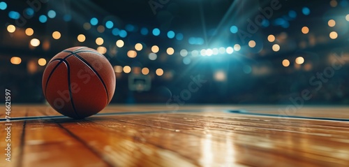 Ball on basketball court with spotlights , Basketball arena © YuDwi Studio