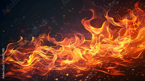 Fire flames on black background. fire flames and sparks with horizontal repetition on dark background, digital ai 