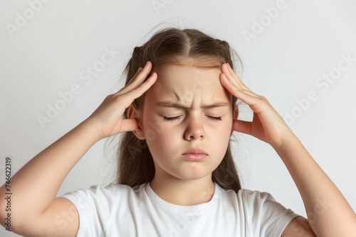 A young girl in a white t-shirt appears troubled or in discomfort  possibly experiencing a headache or stress. 