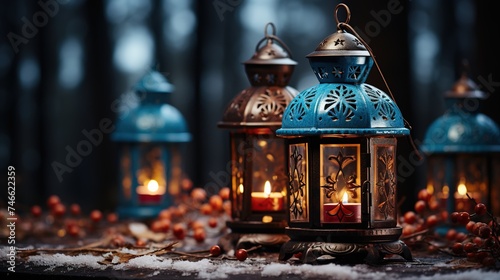 a christmas lantern with ornaments on the table, in the style of vibrant stage backdrops, cottagepunk, spectacular backdrops, night photography, cabincore, light maroon and dark azure photo