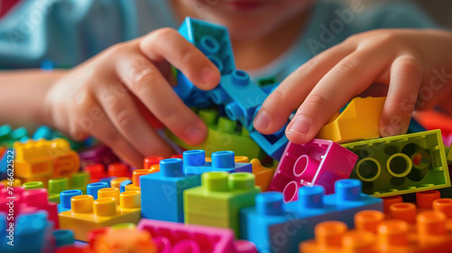 Close-up of hands assembling building blocks  depicting hands-on learning