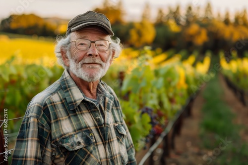 Portrait of Smiling Elderly Farmer Enjoying Sunset in Vineyard Wearing Plaid Shirt and Cap