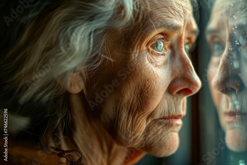 Portrait of a Pensive Elderly Woman Looking Thoughtfully Outside Through a Window Reflecting Her Visage