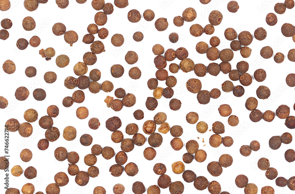 Obraz premium Allspice, pimento spice, Jamaican pepper pile isolated on white, top view