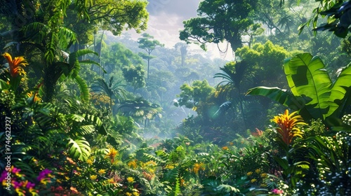 Lush Tropical Rainforest Landscape with Diverse Flora, Vibrant Greenery, and Sunlight Filtering Through the Canopy