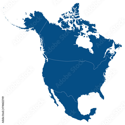 North America country Map. Map of North America in blue color.