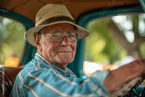 Senior Man with Hat Smiling in Vintage Car, Warm Day, Casual Outfit, Outdoor Adventure, Golden Years, Classic Vehicle © pisan