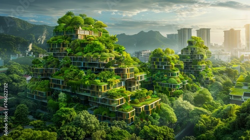Futuristic Eco-Friendly Skyscrapers with Lush Green Gardens and Urban Jungle Concept against Mountain Backdrop