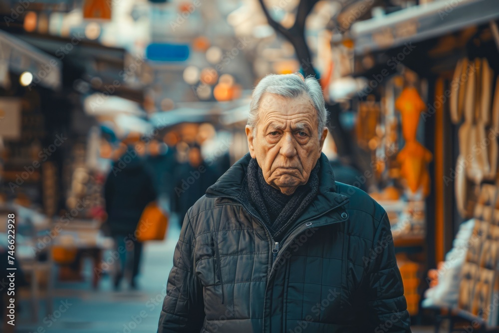 Senior Man with Solemn Expression Walking in Urban Outdoor Market Environment Senior Man with Solemn Expression Walking in Urban Outdoor Market Environment