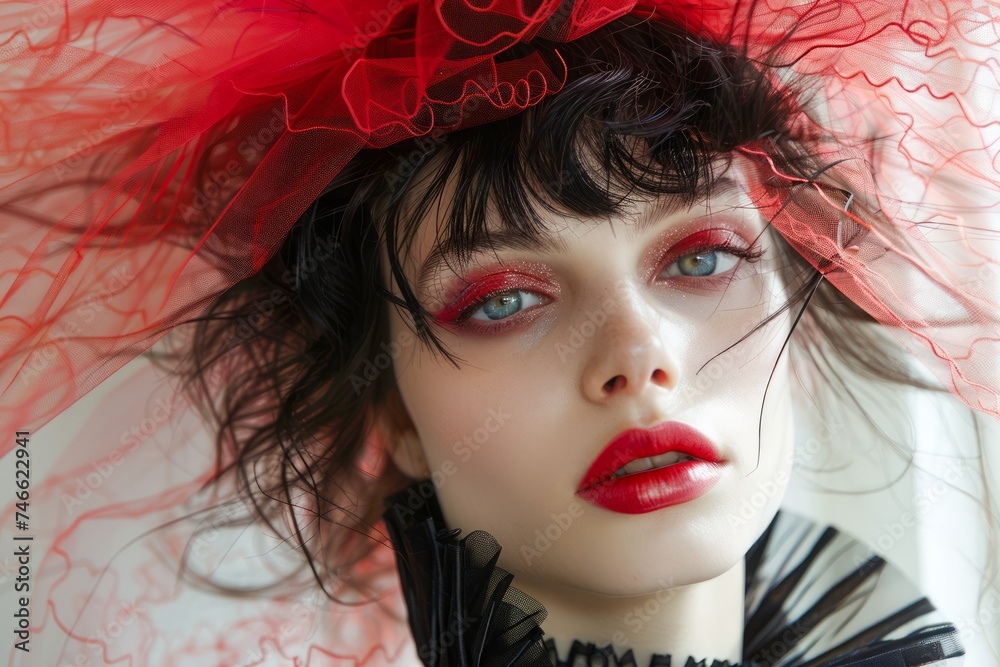 Portrait of a Fashion Model with Bold Red Makeup and Avant-garde Headpiece against a White Background