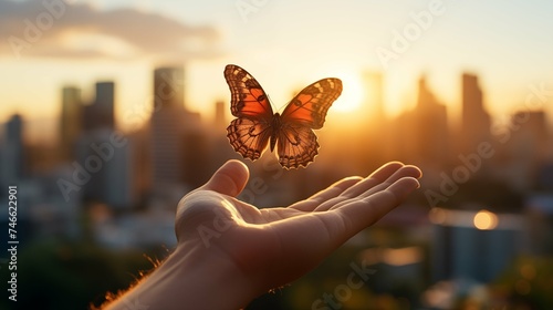 A person's hand gently releases a butterfly in a vibrant urban garden