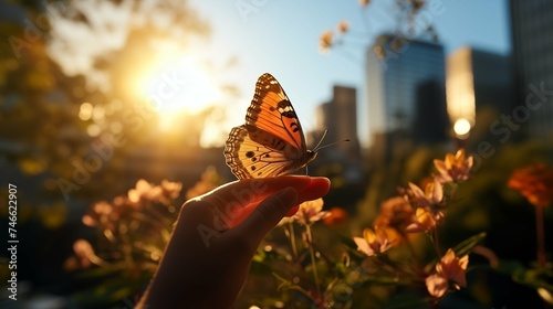Obraz na płótnie A person's hand gently releases a butterfly in a vibrant urban garden w salonie