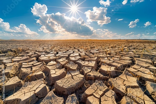 Sun Bursting in Blue Sky Over Cracked Desert Ground, Concept of Drought, Climate Change, and Extreme Weather Conditions