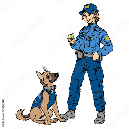 police dog handler girl plays ball with a dog, vector, logo, cartoon, illustration, mascot, character