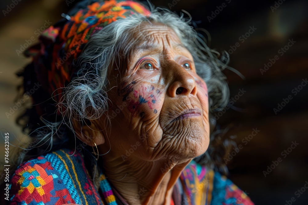 Elderly Indigenous Woman with Traditional Facial Tattoos Gazing Thoughtfully in Rustic Room