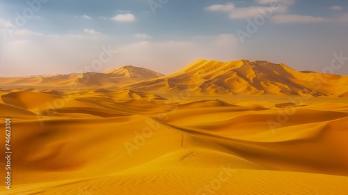 Majestic Golden Sand Dunes Under Bright Blue Sky in Vast Desert Landscape